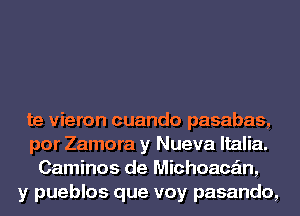 te vieron cuando pasabas,
por Zamora y Nueva ltalia.
Caminos de Michoace'm,
y pueblos que voy pasando,