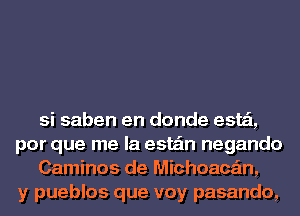 si saben en donde este'l,
por que me la esta'm negando
Caminos de Michoace'm,
y pueblos que voy pasando,