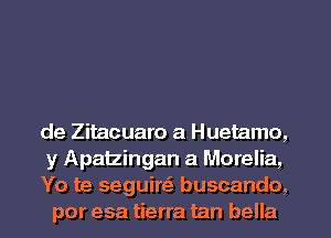 de Zitacuaro a Huetamo,
y Apalzingan a Morelia,

Yo te seguire' buscando,
por esa tierra tan bella