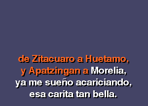 de Zitacuaro a Huetamo,
y Apatzingan a Morelia,
ya me sueflo acariciando,
esa carita tan bella.