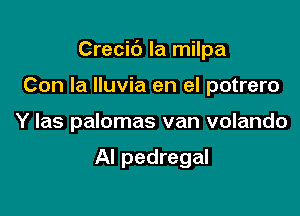 Crecic') la milpa

Con la Iluvia en el potrero

Y las palomas van volando

Al pedregal