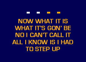 NOW WHAT IT IS
WHAT IT'S GUN' BE
NO I CAN'T CALL IT

ALL I KNOW IS I HAD
TO STEP UP