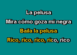 La pelusa

Mira cbmo goza mi negra

Baila la pelusa

Rico, rico, rico, rico, rico