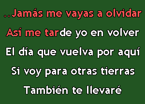 ..Jamas me vayas a olvidar

Asi me tarde yo en volver

El dia que vuelva por aqui
Si voy para otras tierras

Tambie'zn te llevare'z