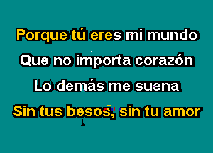 Porque tl'J eres mi mundo
Que no importa corazc'm
Lo demas me suena

Sin tus besog, sin tu amor