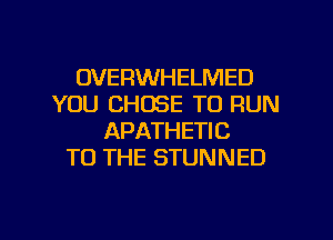 OVERWHELMED
YOU CHOSE TO RUN
APATHETIC
TO THE STUNNED