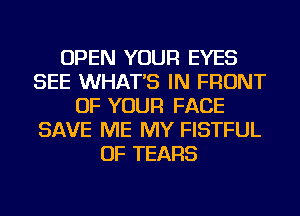 OPEN YOUR EYES
SEE WHAT'S IN FRONT
OF YOUR FACE
SAVE ME MY FISTFUL
OF TEARS