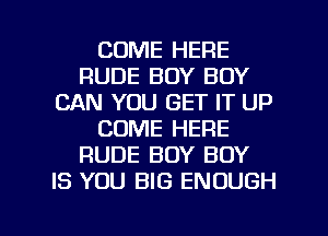 COME HERE
RUDE BOY BOY
CAN YOU GET IT UP
COME HERE
RUDE BOY BOY
IS YOU BIG ENOUGH

g