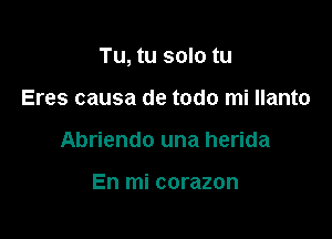 Tu, tu solo tu

Eres causa de todo mi Ilanto
Abriendo una herida

En mi corazon