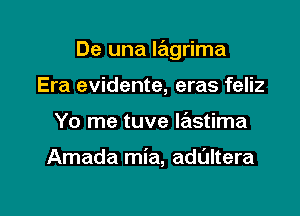 De una lagrima

Era evidente, eras feliz
Yo me tuve lastima

Amada mia, adultera