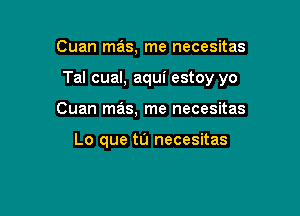 Cuan mas, me necesitas

Tal cual, aqui estoy yo

Cuan mas, me necesitas

Lo que tu necesitas