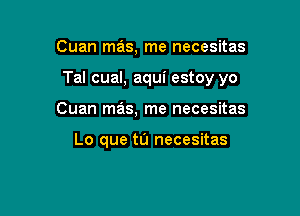 Cuan mas, me necesitas

Tal cual, aqui estoy yo

Cuan mas, me necesitas

Lo que tu necesitas