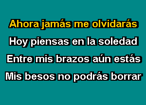 Ahorajamas me olvidaras
Hoy piensas en la soledad
Entre mis brazos al'Jn estas

Mis besos no podras borrar