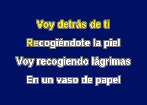 Voy detras de ti

Recogie'andote la piel

Voy recogiendo lagrimas

En un vaso de papel