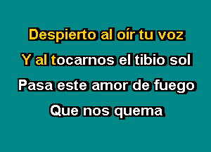 Despierto al oir tu voz

Y al tocarnos el tibio sol

Pasa este amor de fuego

Que nos quema