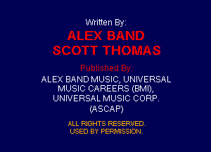 Written Byz

ALEX BAND MUSIC, UNIVERSAL
MUSIC CAREERS (BMI),

UNIVERSAL MUSIC CORP.
(ASCAP)

ALL RIGHTS RESERVED
USED BY PERNJSSSON