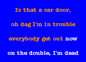 Is that a car door,
oh dag I'm in trouble
everybody get out now

on the double, I'm dead