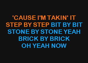 'CAUSE I'M TAKIN' IT
STEP BY STEP BIT BY BIT
STONE BY STONEYEAH
BRICK BY BRICK
OH YEAH NOW