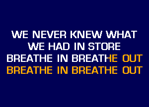 WE NEVER KNEW WHAT
WE HAD IN STORE
BREATHE IN BREATHE OUT
BREATHE IN BREATHE OUT