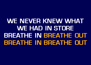 WE NEVER KNEW WHAT
WE HAD IN STORE
BREATHE IN BREATHE OUT
BREATHE IN BREATHE OUT