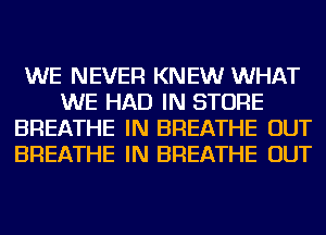 WE NEVER KNEW WHAT
WE HAD IN STORE
BREATHE IN BREATHE OUT
BREATHE IN BREATHE OUT