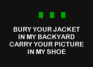 BURY YOUR JACKET

IN MY BAC KYARD
CARRY YOUR PICTURE
IN MY SHOE
