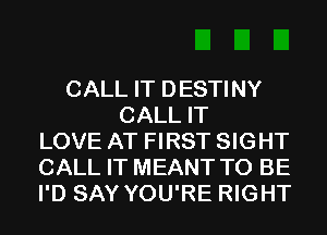 CALL IT DESTINY
CALL IT
LOVE AT FIRST SIGHT
CALL IT MEANT TO BE
I'D SAY YOU'RE RIGHT