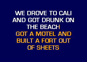 WE DROVE TO CALI
AND GOT DRUNK ON
THE BEACH
GOT A MOTEL AND
BUILT A FORT OUT
OF SHEETS
