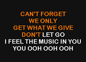 CAN'T FORGET
WE ONLY
GETWHATWEGIVE
DON'T LET G0
I FEEL THE MUSIC IN YOU
YOU OCH OCH OCH