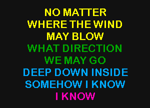 NO MATTER
WHERETHEWIND
MAY BLOW

DEEP DOWN INSIDE
SOMEHOW I KNOW