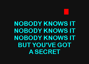 NOBODY KNOWS IT
NOBODY KNOWS IT

NOBODY KNOWS IT

BUT YOU'VE GOT
A SECRET
