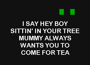 ISAY HEY BOY
SI'ITIN' IN YOUR TREE

MUMMY ALWAYS
WANTS YOU TO
COME FOR TEA