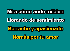 Mira cc'Jmo ando mi bien
Llorando de sentimiento
Borracho y apasionado

Nomas por tu amor