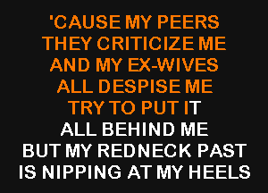 'CAUSE MY PEERS
THEYCRITICIZE ME
AND MY EX-WIVES
ALL DESPISE ME
TRY TO PUT IT
ALL BEHIND ME
BUT MY REDNECK PAST
IS NIPPING AT MY HEELS