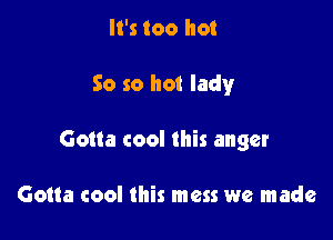 It's too hot

So so hot lady

Gotta cool this anger

Gotta cool this mess we made