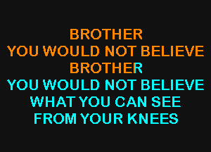 BROTHER
YOU WOULD NOT BELIEVE
BROTHER
YOU WOULD NOT BELIEVE
WHAT YOU CAN SEE
FROM YOUR KNEES