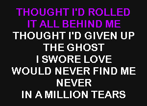 THOUGHT I'D GIVEN UP
THEGHOST
I SWORE LOVE
WOULD NEVER FIND ME
NEVER
IN A MILLION TEARS