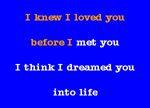 I knew I loved you
before I met you
I think I dreamed you

into life