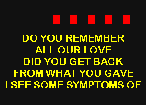 DO YOU REMEMBER
ALL OUR LOVE
DID YOU GET BACK
FROM WHAT YOU GAVE
I SEE SOME SYMPTOMS 0F