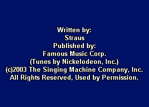 Written byi
Straus
Published byi
Famous Music Corp.
(Tunes by Nickelodeon, Inc.)
(CJZUUB The Singing Machine Company, Inc.
All Rights Reserved, Used by Permission.