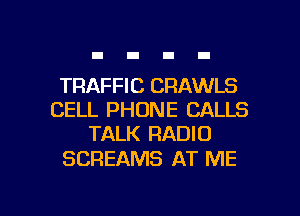 TRAFFIC CRAWLS
CELL PHONE CALLS
TALK RADIO

SCREAMS AT ME

g