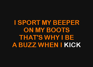 ISPORT MY BEEPER
ON MY BOOTS
THAT'S WHY I BE
A BUZZ WHEN I KICK

g
