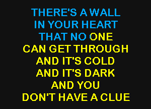 THERE'S AWALL
IN YOUR HEART
THAT NO ONE
CAN GET THROUGH
AND IT'S COLD
AND IT'S DARK
AND YOU
DON'T HAVEACLUE