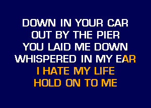 DOWN IN YOUR CAR
OUT BY THE PIER
YOU LAID ME DOWN
WHISPERED IN MY EAR
I HATE MY LIFE
HOLD ON TO ME