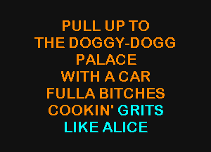 PULL UP TO
THE DOGGY-DOGG
PALACE

WITH A CAR
FULLA BITCHES
COOKIN' GRITS

LIKE ALICE
