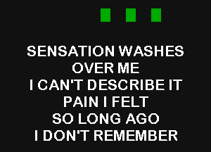 SENSATION WASHES
OVER ME
ICAN'T DESCRIBE IT
PAIN I FELT
SO LONG AGO
I DON'T REMEMBER