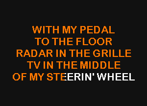 WITH MY PEDAL
TO THE FLOOR
RADAR IN THE GRILLE
TV IN THEMIDDLE
OF MY STEERIN'WHEEL