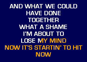 AND WHAT WE COULD
HAVE DONE
TOGETHER

WHAT A SHAME
I'M ABOUT TO
LOSE MY MIND
NOW IT'S STARTIN' TO HIT
NOW