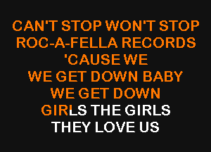 CAN'T STOP WON'T STOP
ROC-A-FELLA RECORDS
'CAUSEWE
WE GET DOWN BABY
WEGET DOWN
GIRLS THEGIRLS
THEY LOVE US