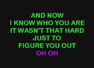 AND NOW
I KNOW WHO YOU ARE
IT WASN'T THAT HARD

JUST TO
FIGURE YOU OUT